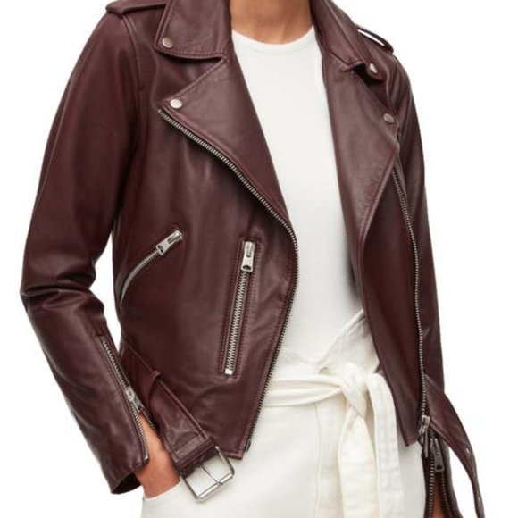 NEW ALLSAINTS Balfern Leather Biker Jacket in Deep Berry Size US 4 #835